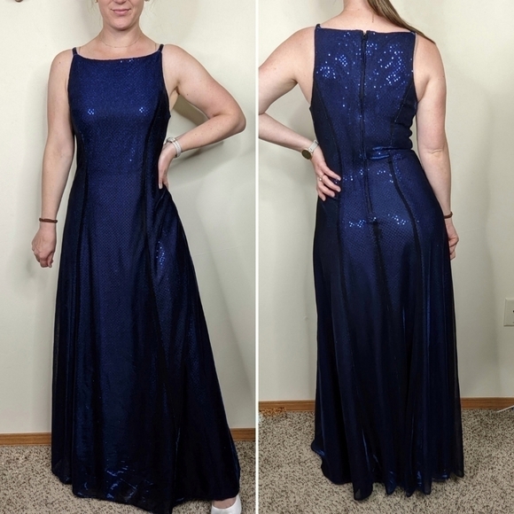 Betsy & Adam Y2K Sequin Mesh Blue A-Line Maxi Dress - Picture 1 of 8